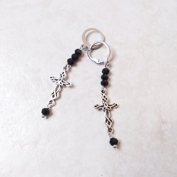 Dainty Beaded Glam Cross Dangle Earrings! Faceted Black Crystal + Silver Cross - Picture 1 of 12